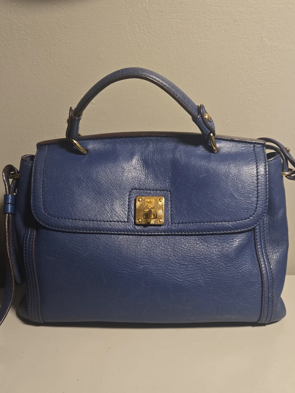MCM Blue Leather Top-Handle Satchel Bag